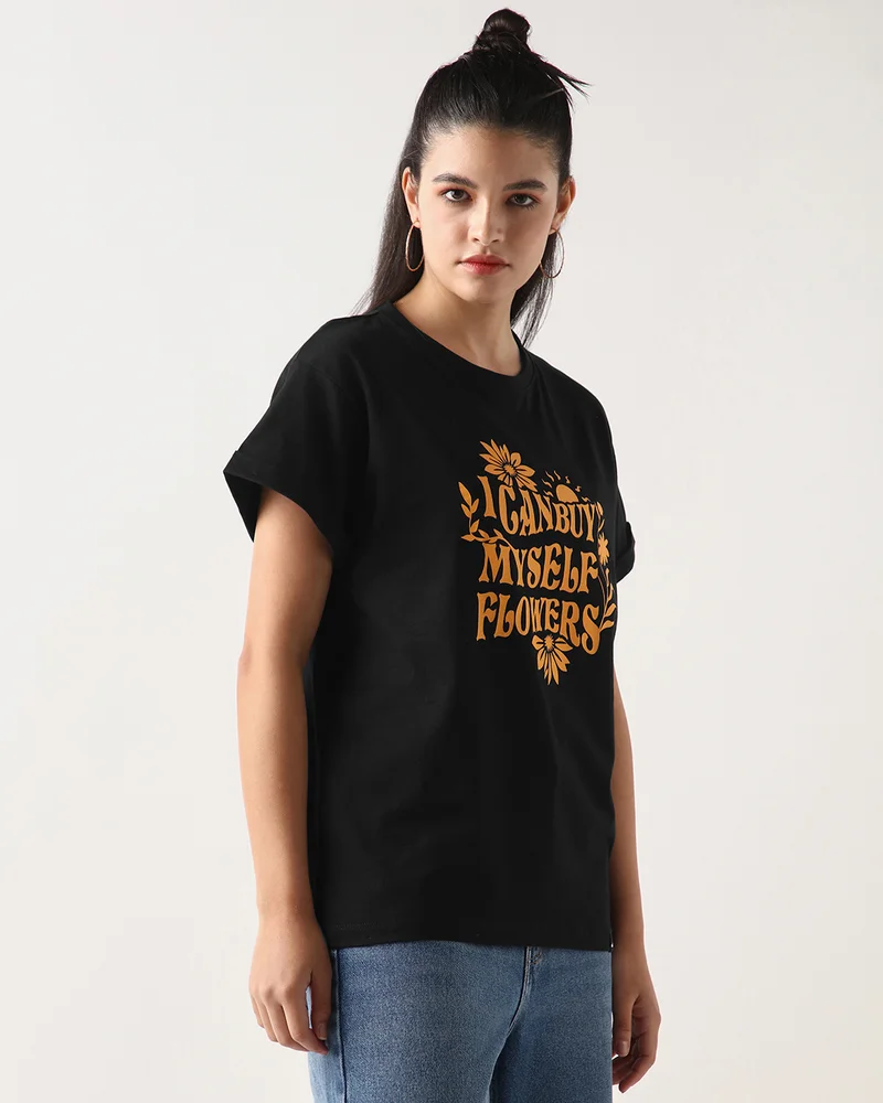 بيواكوف Women's Black Buy Myself Flowers Typography Boyfriend T-shirt
